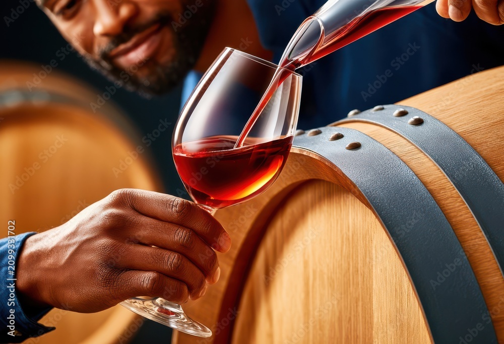 Obraz premium Man pouring red wine into glass over oak barrel during wine tasting in a winery cellar