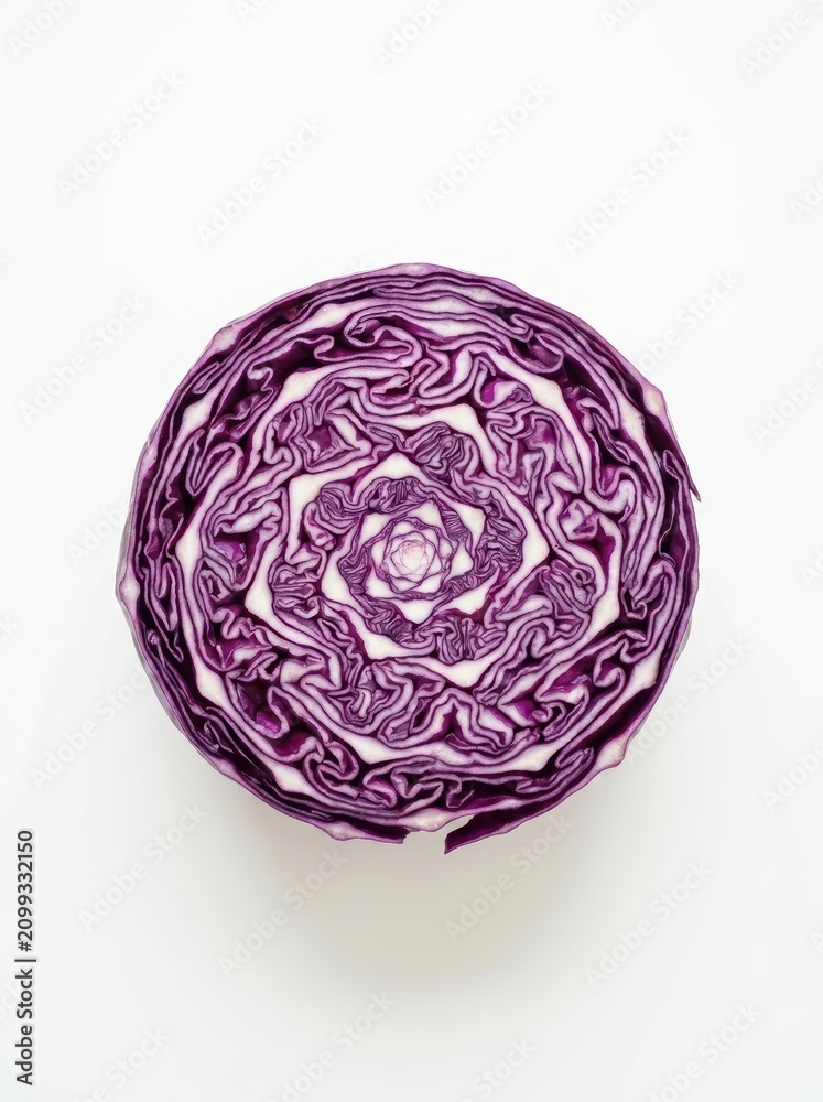 Fototapeta premium Purple cabbage cross-section showing a spiral pattern on a white background