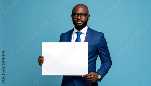 A bald man in a blue suit and tie holds a blank white sign