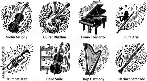 Photography Black Musical Instrument Silhouette Bundle Featuring Violin Guitar Piano Flute T