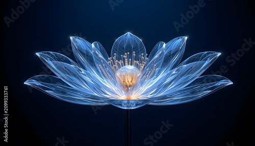 Luminous translucent glass lotus flower floating against a deep dark blue background representing spiritual purity with displays stylized crystalline