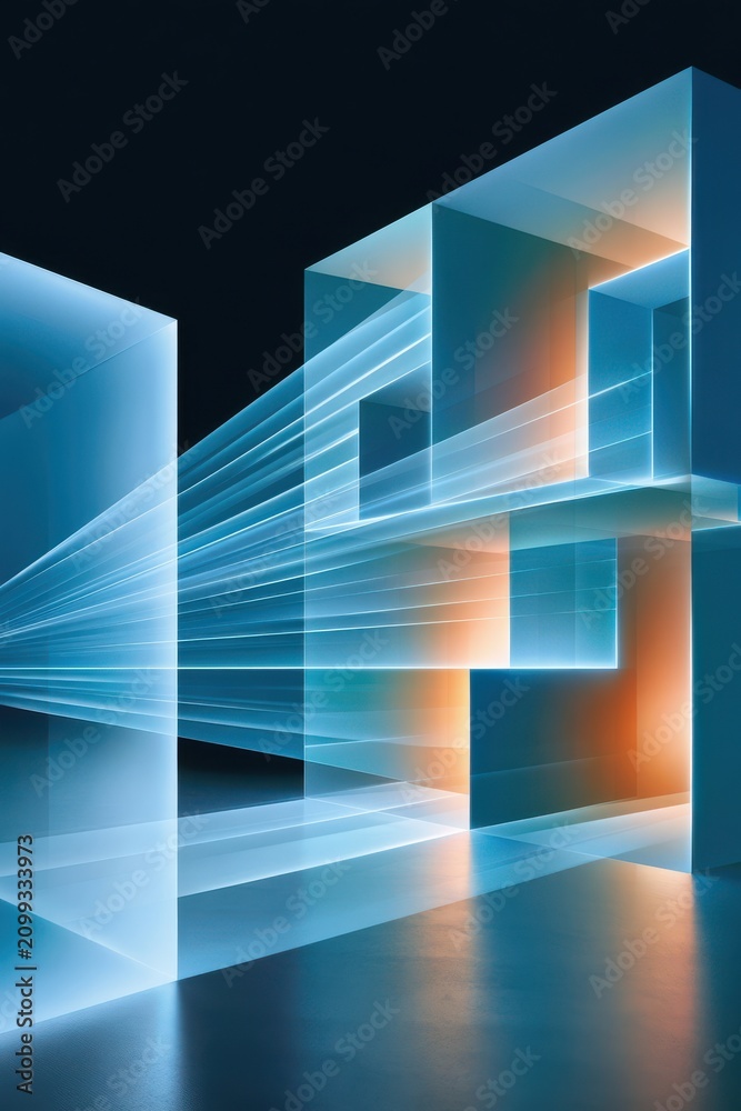 Fototapeta premium Vibrant digital data transfer and network visualization with glowing light beams and abstract architecture