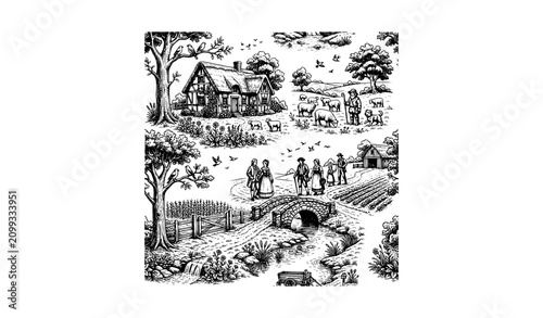 Fotografi Elegant Black and White Toile de Jouy Countryside Scenic Seamless Pattern Vector