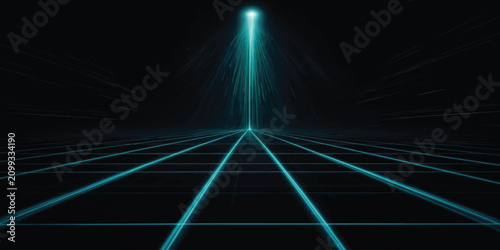 Quadro su tela Abstract perspective view of glowing blue digital grid lines fading into darknes