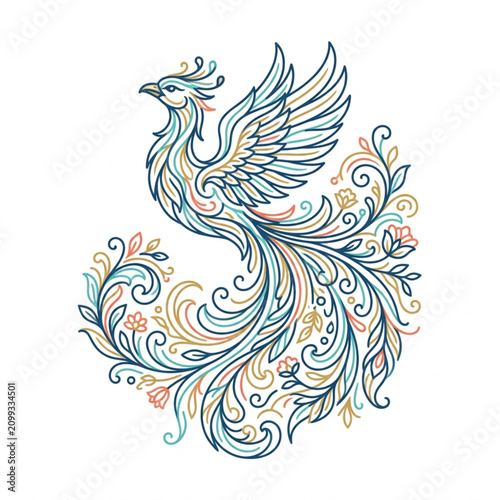 Foto Colorful Phoenix Bird with Intricate Floral Tail Design.