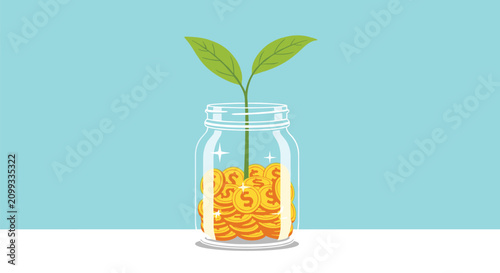 Glass jar filled with golden coins with a green plant growing out of it to represent wealth growth and saving.