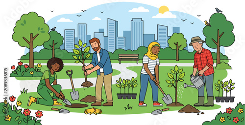 Diverse group of volunteers planting trees in city park to promote environmental sustainability work.