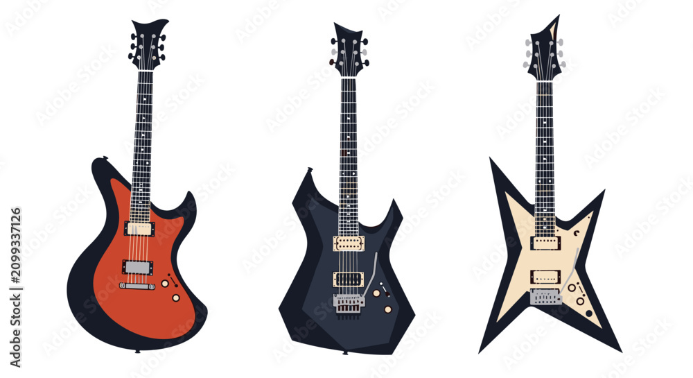 Fototapeta premium Set of three modern electric guitars in different body styles and colors standing against a clean background.