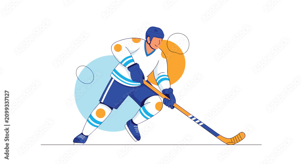 Obraz premium Professional ice hockey player in full protective gear and blue uniform skating and controlling the puck with stick.