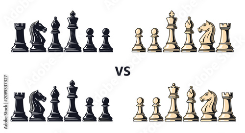Strategic chess battle layout showing black and white pieces facing each other with VS text in the center.