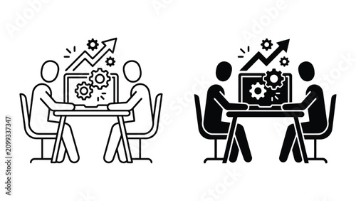 Business team collaboration and technical productivity icon set with business