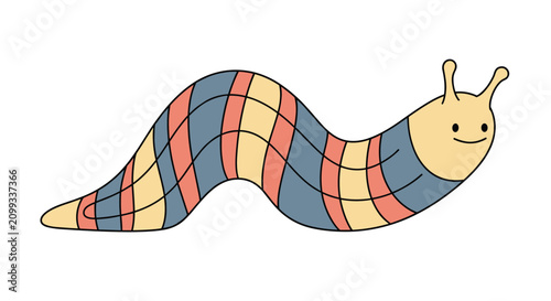 Friendly cartoon caterpillar or slug featuring a colorful striped pattern in yellow, red, and blue shades.