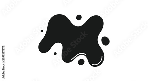 Organic abstract black liquid blob shape with small floating droplets isolated on a white background.