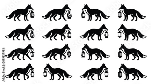 Tableau sur toile Vector collection of sixteen black fox silhouettes carrying various vintage lantern designs in their mouths, isolated on white background for wildlife branding and logo design
