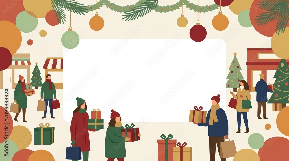 Naklejka premium People holiday shopping with gifts and decorated Christmas trees