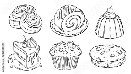 Bild auf Leinwand Hand-drawn black and white line art sketches of sweet bakery desserts including cakes, cookie, cinnamon roll, muffin, and pudding isolated on transparent background