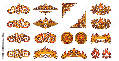 Ornate fire swirls and decorative floral elements for vintage and ornamental designs.