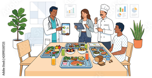 Medical professionals discuss healthy meal plan with patient for nutrition and wellness.