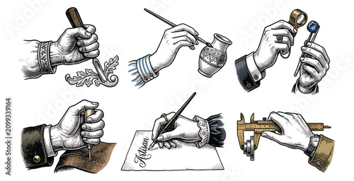Engraved hands performing various artisan crafts like carving, painting, writing, and measuring.
