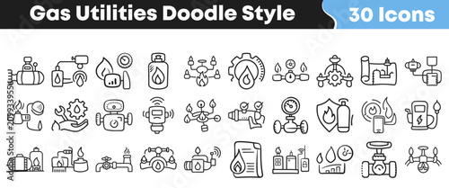 Hand drawn gas utilities icons set with thirty black elements