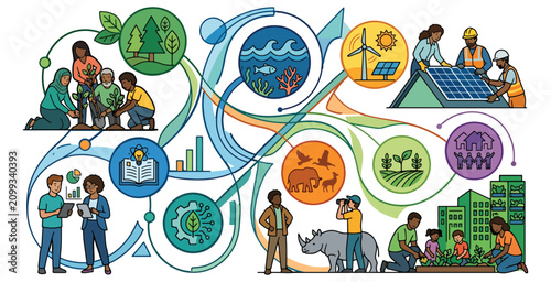 Diverse people collaborate on sustainability projects for environmental and community growth.