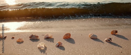 Seashells on sandy beach at sunset with ocean waves washing ashore.
