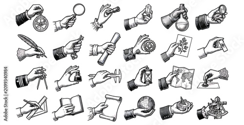 Vintage hand holding scientific and educational tools for exploration and discovery.