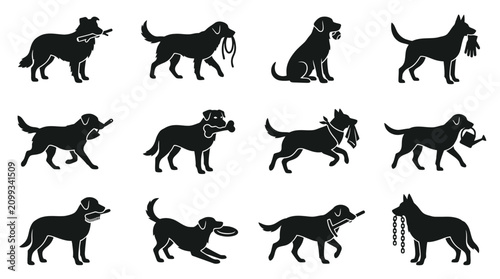 Photos Twelve black vector silhouettes of diverse dogs holding various items including a leash, ball, bone, watering can, and frisbee in their mouths, isolated on a white background set