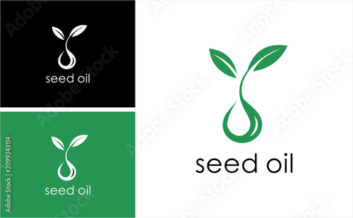 Seed Oil Logo Design Vector with Green Leaf Drop Organic Natural Eco Agriculture Healthy Plant Branding Modern Minimal Icon Illustration