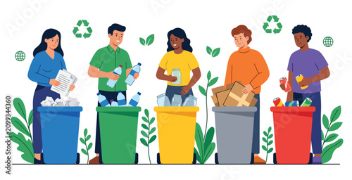 Diverse group of people separating trash for recycling, concept of environmental protection.