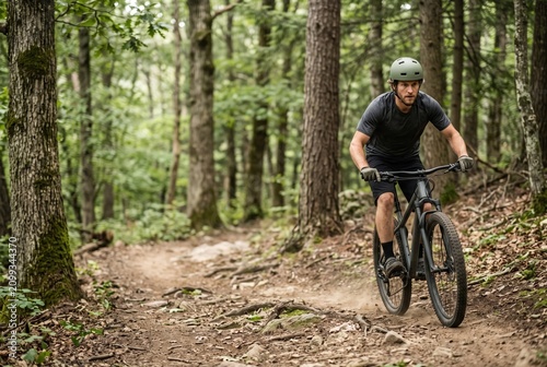 Mountain biker riding on forest trail wearing helmet