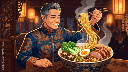 Bild auf Leinwand Distinguished East Asian Man in Ornate Blue Dragon Robe Enjoys Steaming Ramen Bo