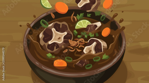 Konstfotografi Dynamic Overhead Shot of Oxtail Soup Ingredients Splashing into a Bowl on a Wood