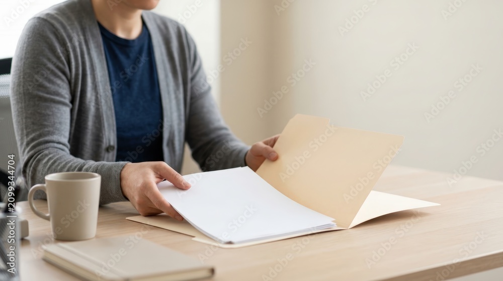 Fototapeta premium Office worker organizing blank documents in file folder at desk