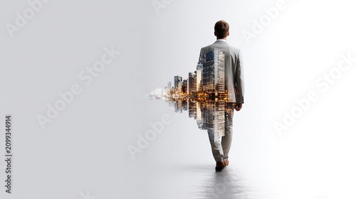 A businessman walks away from the viewer, his suit jacket reflecting a cityscape, symbolizing ambition and the future of urban development.