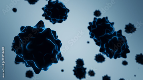 Glowing microorganisms float in an abstract space, reminiscent of viral particles or cells under a microscope. The illustration conveys a sense of microcosm and modern medical technology.