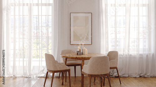 A bright, minimalist dining room featuring a round wooden table, modern chairs, lit candles, and sheer curtains, creating a serene and elegant home atmosphere.