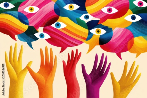 Colorful illustration of raised hands and speech bubbles representing communication and diverse voices