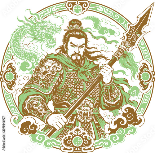 Chinese Warrior General Dragon Vector Illustration