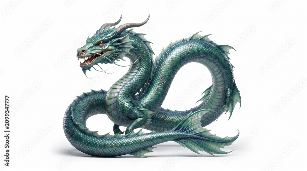 Fototapeta premium A single magnificent mythical sea serpent coiled in an elegant S shaped pose, isolated on a flawless pure white