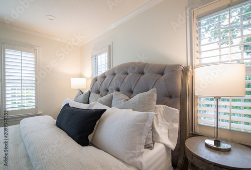Foto Interior design French Country style bedroom features with headboard, pillows and lighting