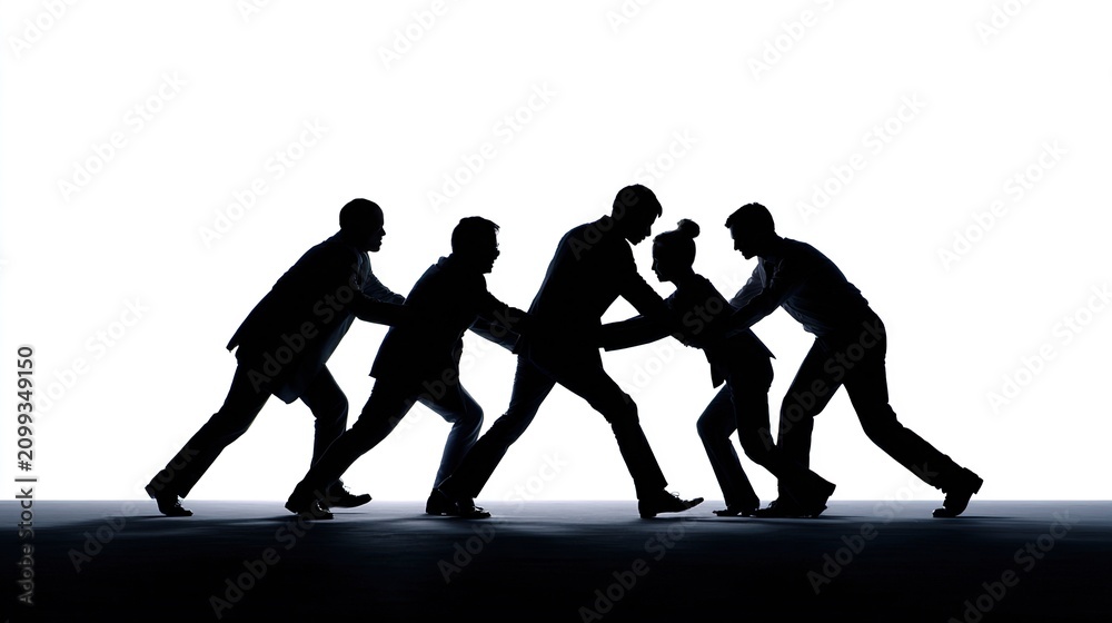 Obraz premium Teamwork Silhouette: A group of business people, silhouetted against a bright background, push forward in unison, symbolizing collective effort and shared goals.