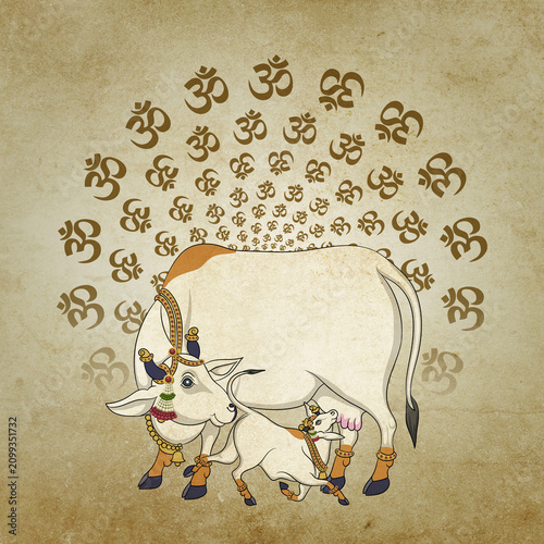Fotografie Indian religion temple wallpaper with cow and om background
