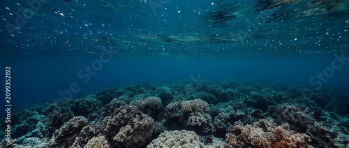 Wide shot of a coral reef underwater in the deep blue ocean.