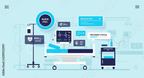 Hospital Room Depiction Indicating Patient Monitoring and Medical Treatment Data