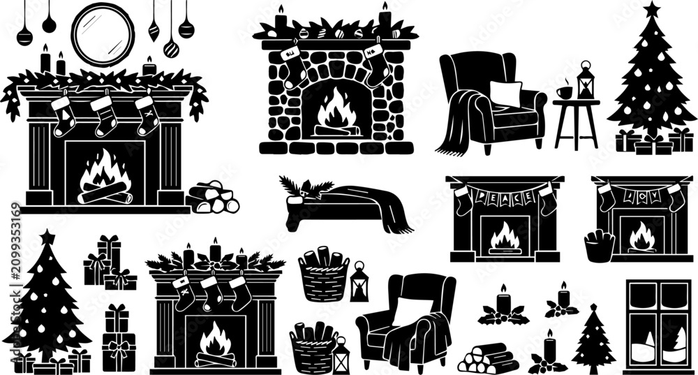 Fototapeta premium Christmas Fireplace and Living Room Silhouette Set – Cozy Home, Armchair, Holiday Decor Icons 