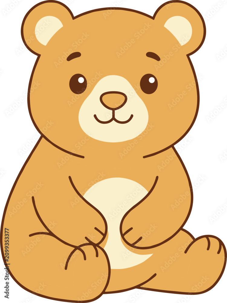 Obraz premium Cute cartoon of a small brown teddy bear sitting down with a friendly expression on white background
