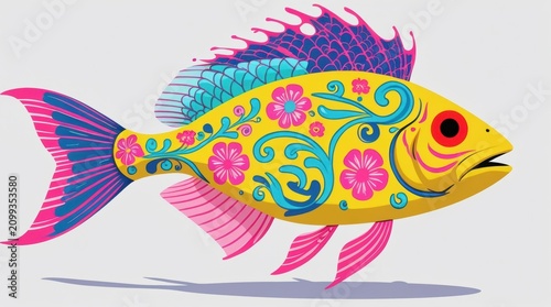 Colorful tropical fish with floral patterns on a white background