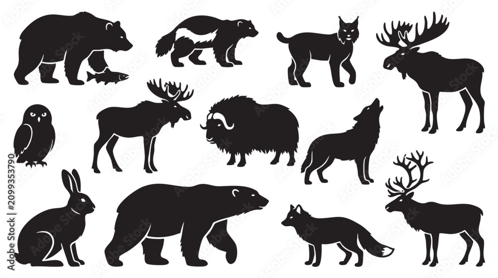 Obraz premium North american wildlife animal silhouettes collection set.