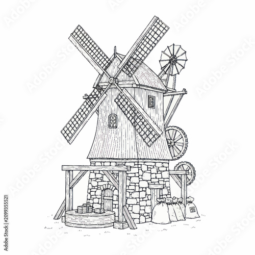 Bild auf Leinwand Illustrated Windmill with Stone Base and Water Wheel.